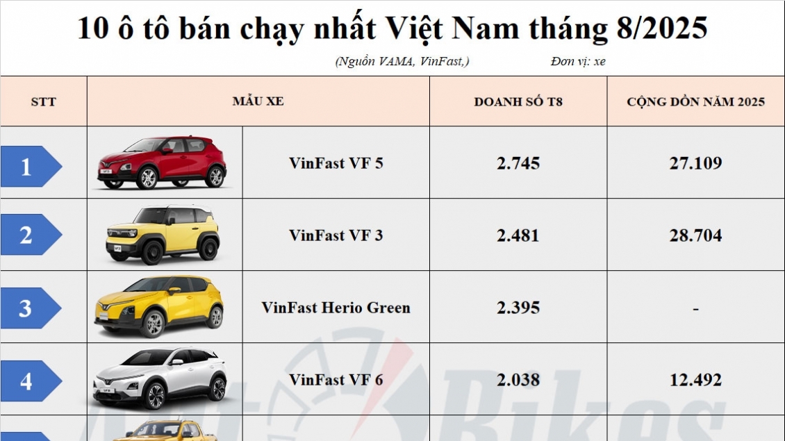 Top 10 ô tô bán chạy nhất Việt Nam tháng 8: Xe điện áp đảo xe xăng