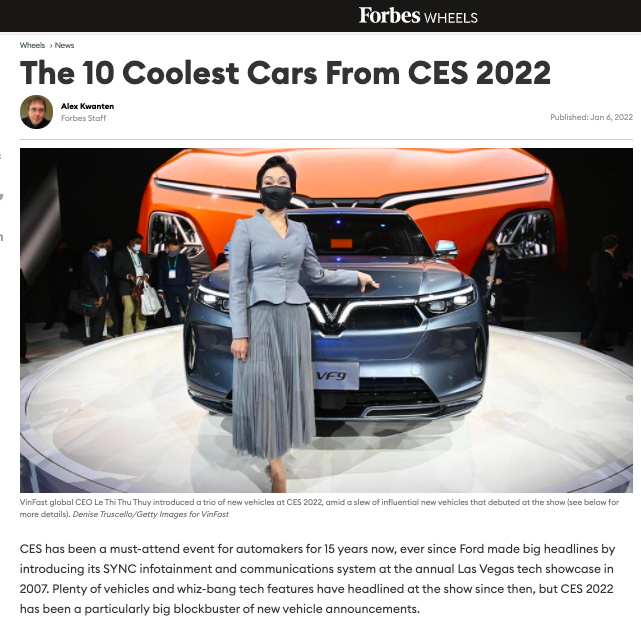 VinFast lọt top 10 mẫu ô tô tuyệt vời nhất tại triển lãm CES 2022