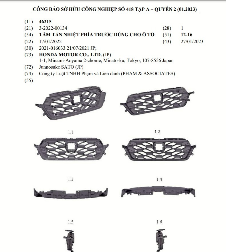 Honda CR-V 2023 được đăng ký bảo hộ kiểu dáng tại Việt Nam
