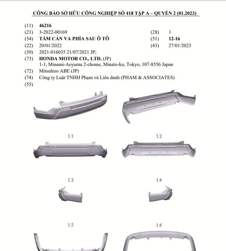 Honda CR-V 2023 được đăng ký bảo hộ kiểu dáng tại Việt Nam