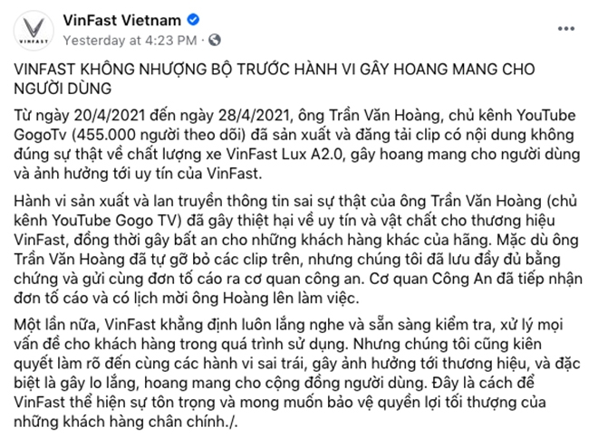 VinFast lên tiếng vụ chủ xe Lux A2.0 báo lỗi sai sự thật