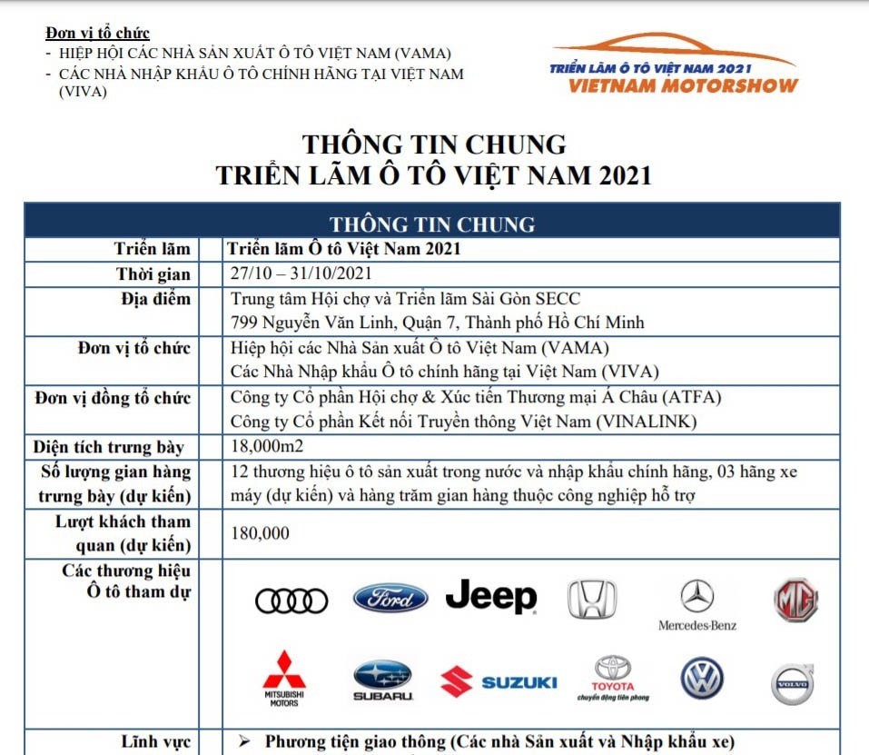 12 thương hiệu góp mặt tại Triển lãm ô tô Việt Nam 2021