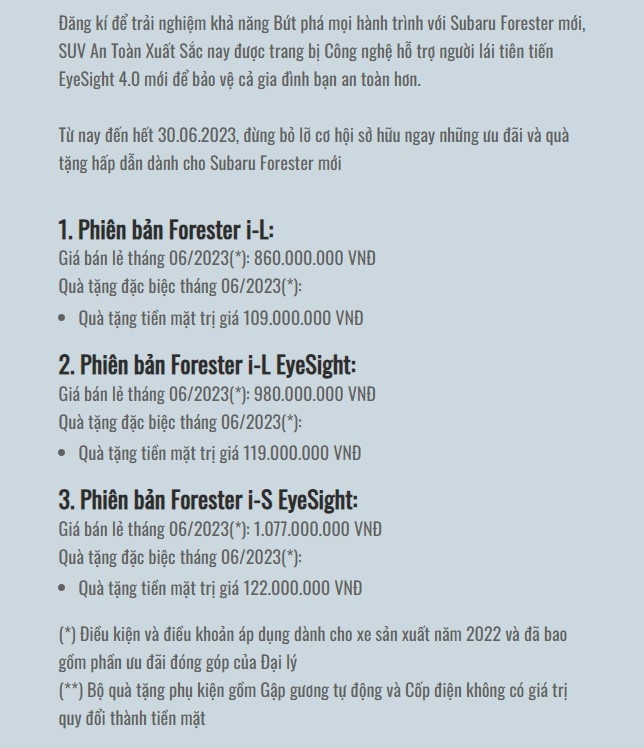 Xả hàng tồn kho, Subaru Forester 2022 giảm giá 250 triệu đồng Xả hàng tồn kho, Subaru Forester 2022 giảm giá 250 triệu đồng