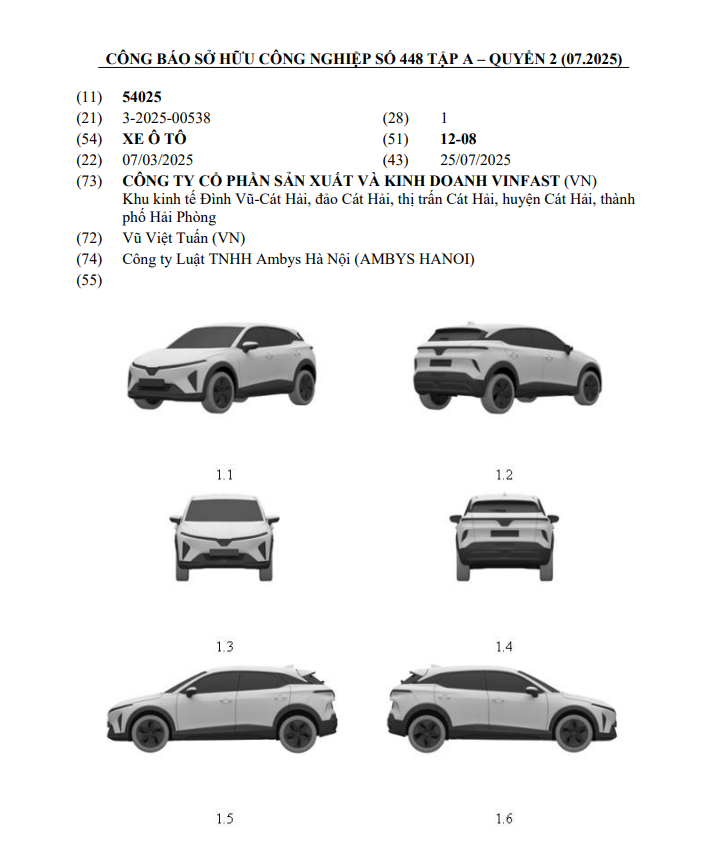 VinFast đăng ký kiểu dáng mẫu ô tô điện mới tại Việt Nam