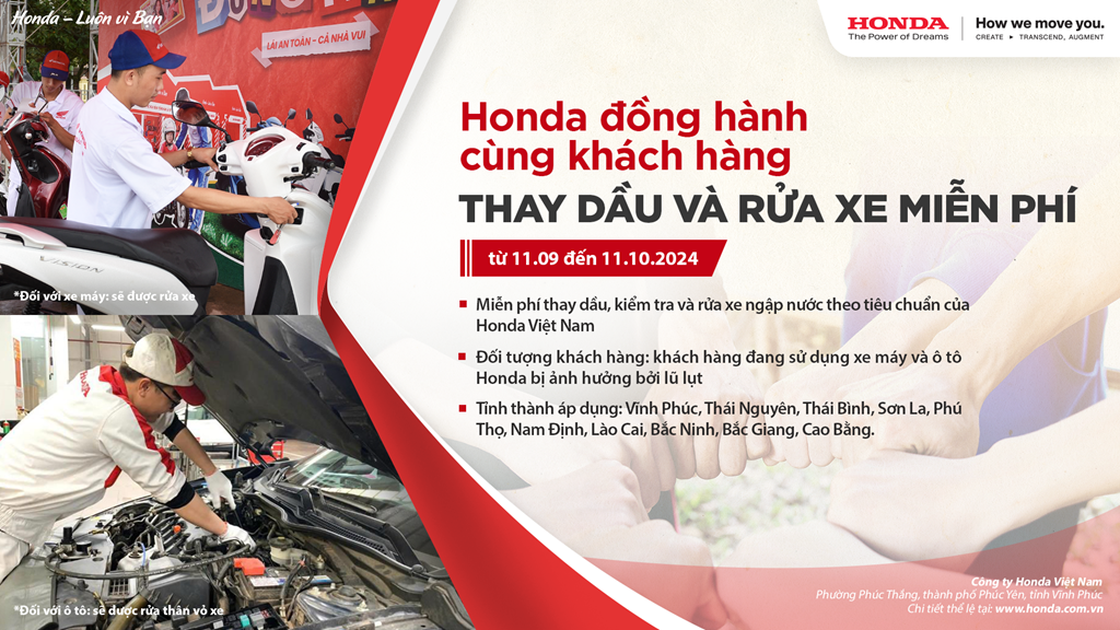 Honda hỗ trợ người dân thay dầu miễn phí xe hư hại do mưa lũ gây ra