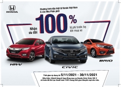 Honda hỗ trợ 100% phí trước bạ cho Civic, HR-V và Brio