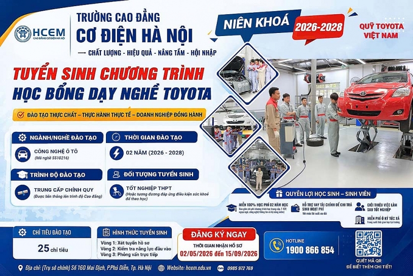 Toyota Việt Nam tuyển sinh khóa 6 học bổng nghề ô tô, hỗ trợ toàn phần cho học sinh khó khăn.