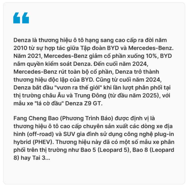 BYD hé lộ về khả năng phân phối Denza, Fang Cheng Bao tại Việt Nam